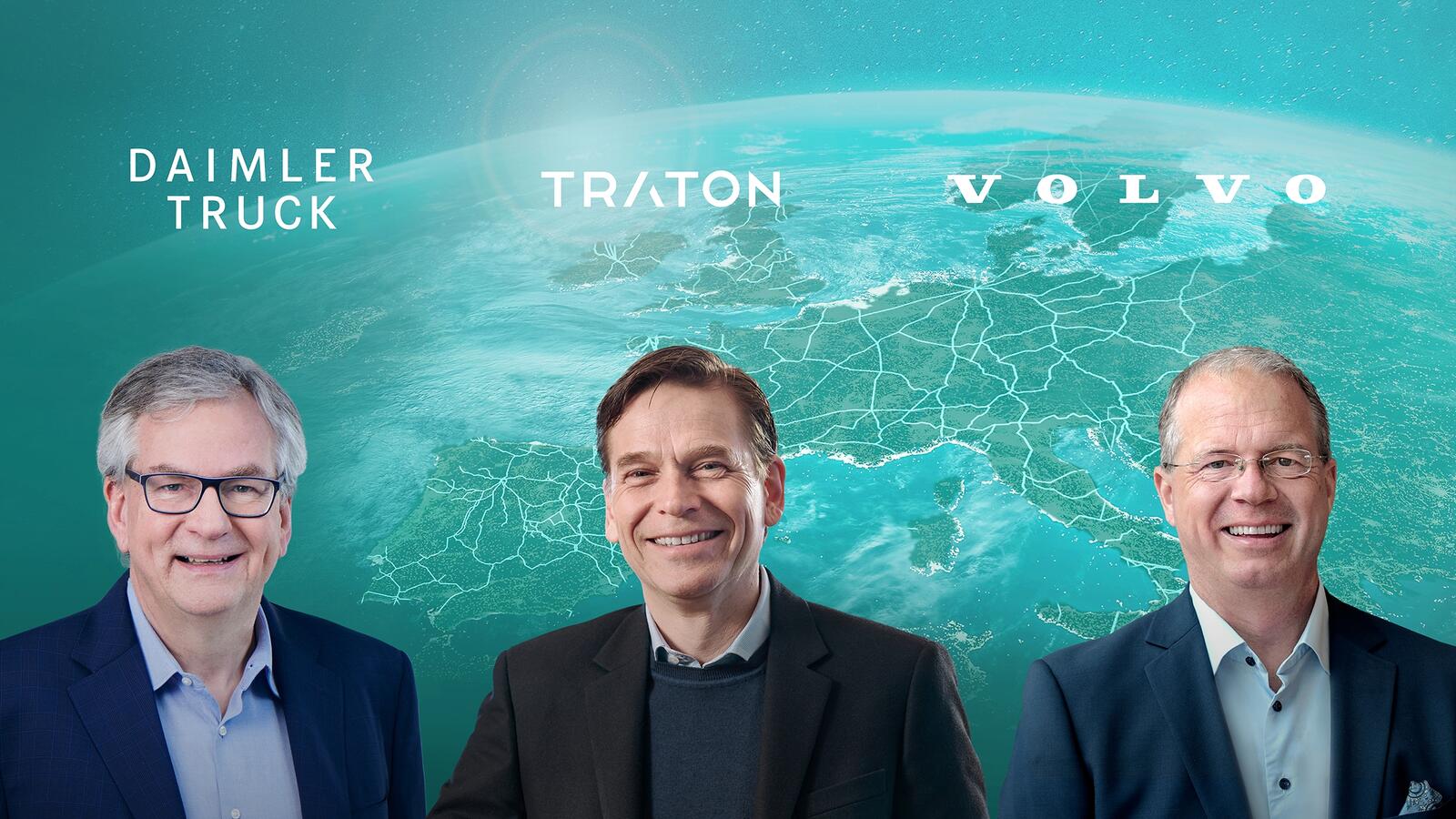 v.l.n.r.: Martin Daum (Daimler), Christian Levin (Traton) und Martin Lundstedt(Volvo) wollen ein gemeinsames Ladenetz errichten