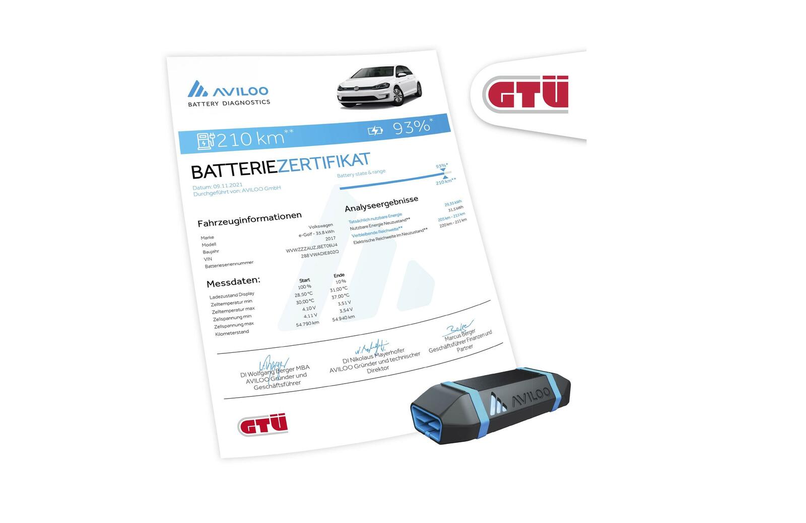 Batteriezertifikat der AVILOO Battery Diagnostics GmbH mit Auflistung der erfassten Messdaten und Analyseergebnisse