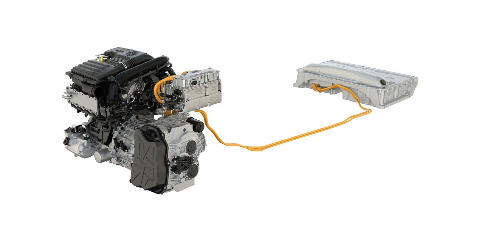 Verbrenner vor, Batterie hinten. Der Triebstrang des 1.4 TSI Plug-In Hybriden von VW mit einer Systemleistung von 180kW / 245 PS.