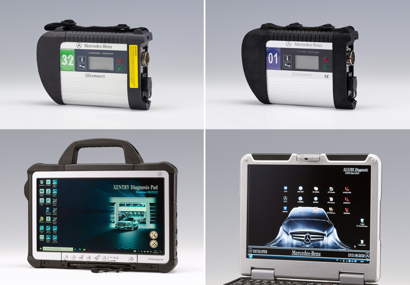 Fälscher nahmen sich die Fahrzeugdiagnose „Xentry“ von Mercedes-Benz vor (im Bild links das Original, rechts die Fälschung von „OBD Diagnostic Tools“.