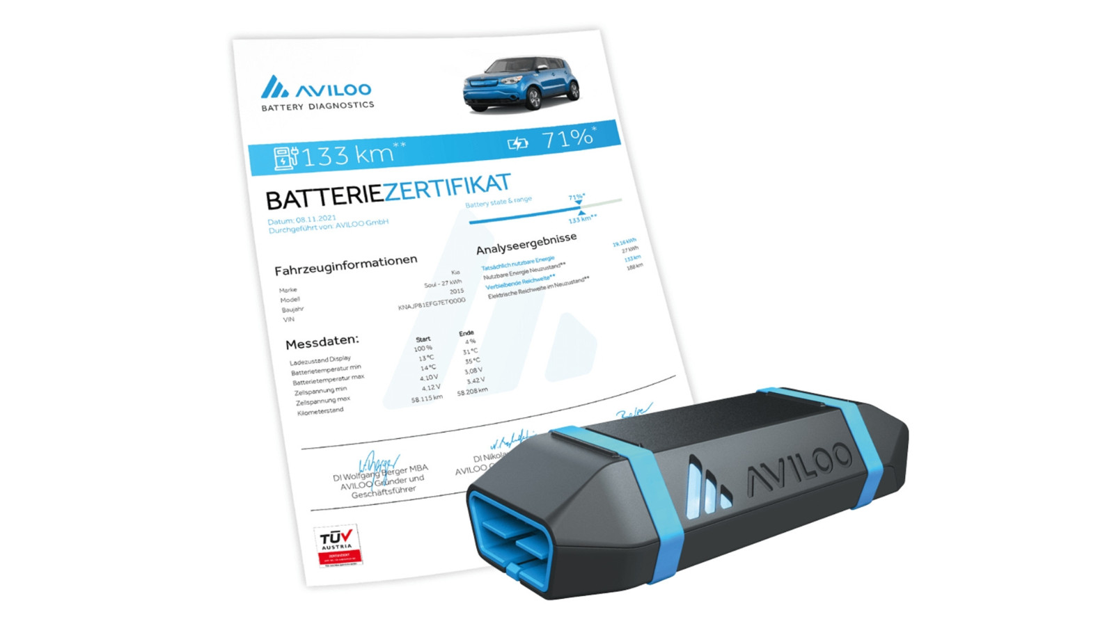 Nach dem Test mit dem Aviloo-System erhält der Fahrzeugbesitzer ein Zertifikat mit dem Prüfergebnis. Der Zustand der Batterie wird in einer Prozentzahl dargestellt. 